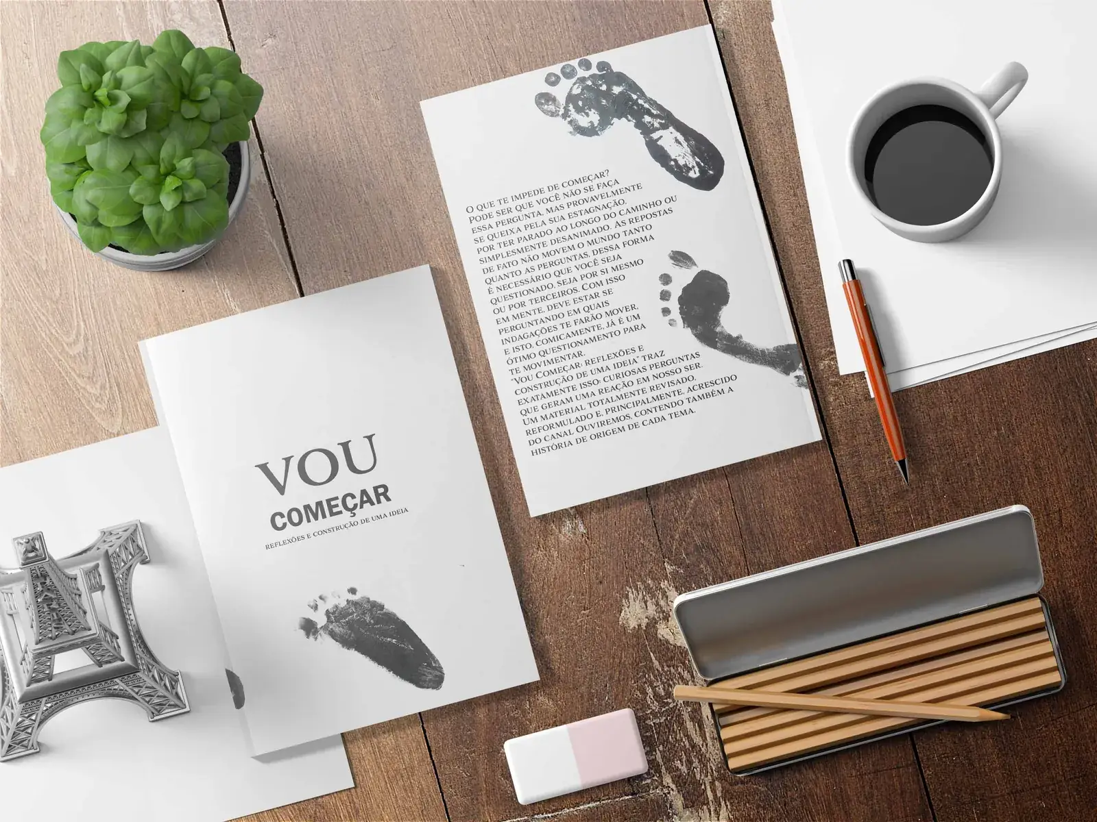Livro Vou Começar, de Thalles Diamantino, aberto sobre uma mesa de madeira com café e lápis