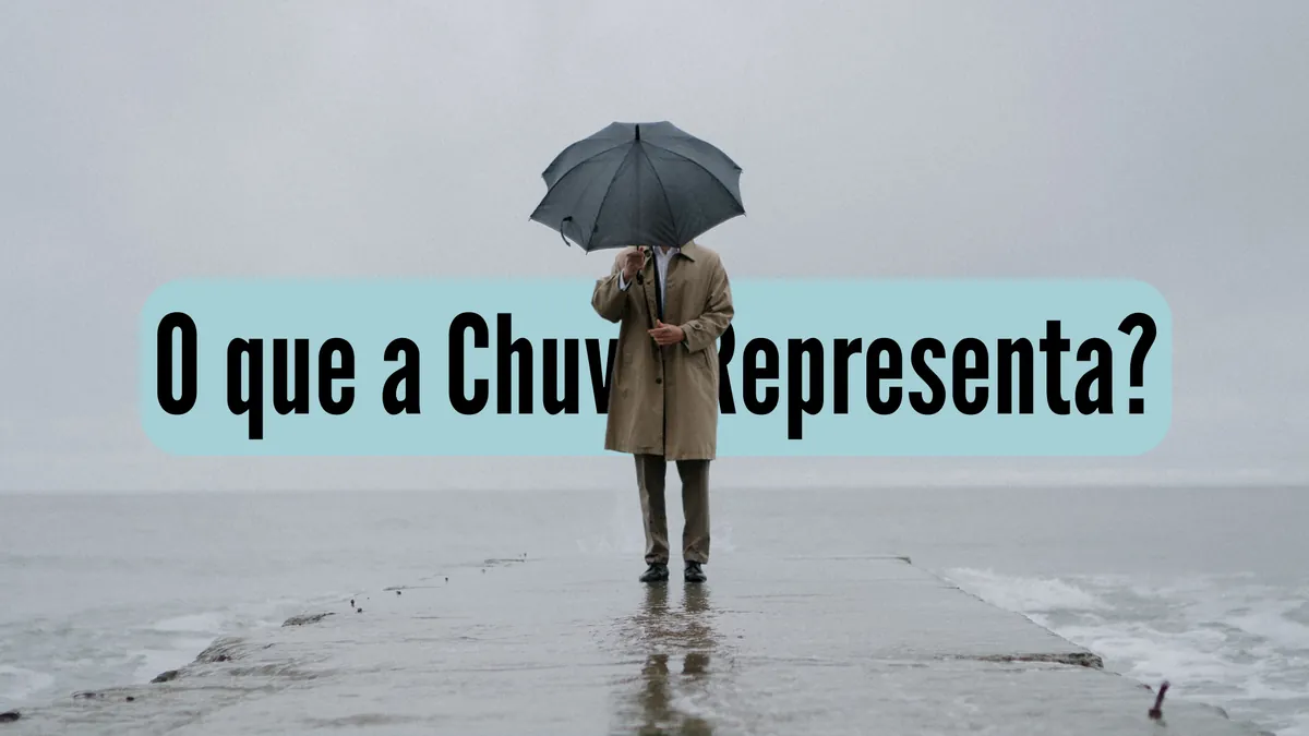 Capa do episódio O que a Chuva Representa?, do Ouviremos, com um homem de guarda-chuva num píer em dia cinzento